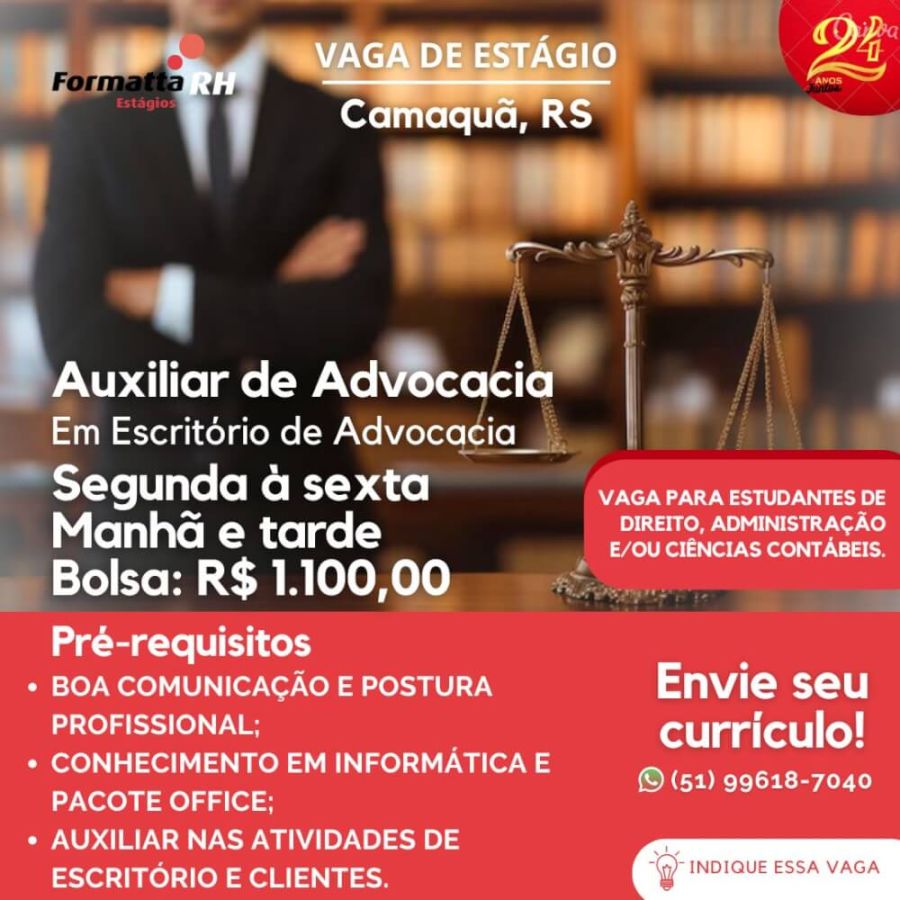 FORMATTA RH: VAGA DE AUXILIAR DE ADVOCACIA 