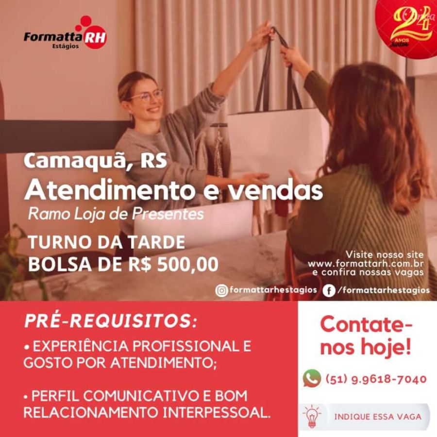 NOVAS OPORTUNIDADES DE ESTÁGIO PARA ESTUDANTES EM CAMAQUÃ/RS NO RAMO DE VENDAS.