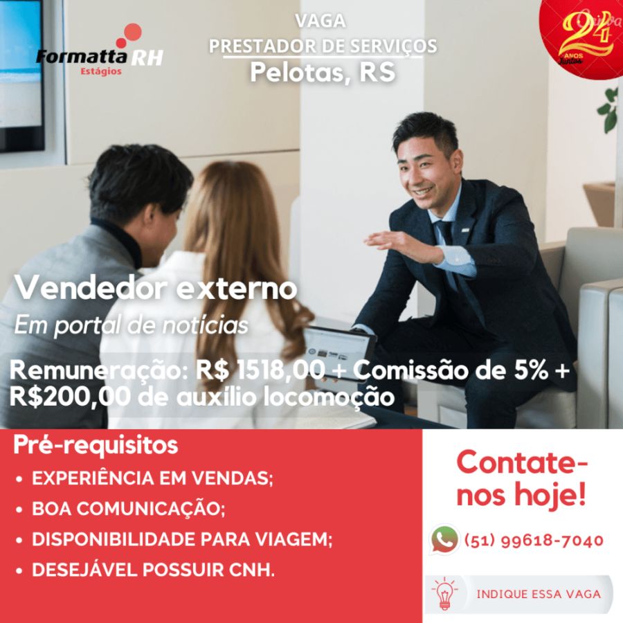 PORTAL DE NOTÍCIAS OFERECE VAGA DE VENDEDOR EXTERNO PARA A CIDADE DE PELOTAS.