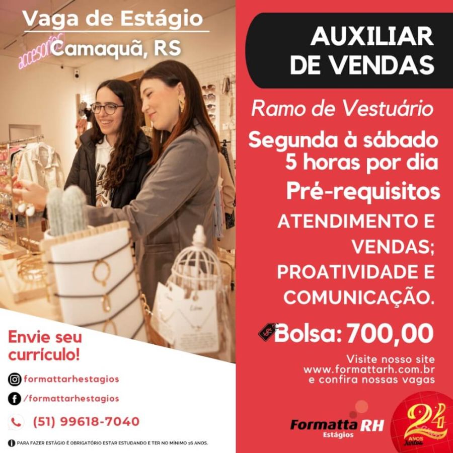 FORMATTA RH OFERTA NOVAS VAGAS DE ESTÁGIO NO MUNICIPIO DE CAMAQUÃ