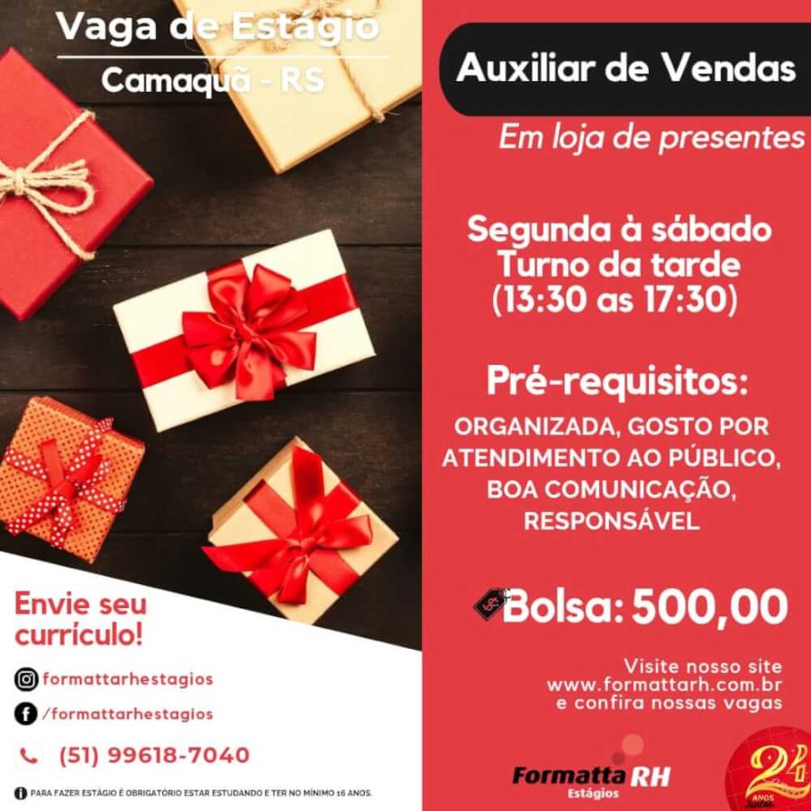 FORMATTA RH OFERTA NOVAS VAGAS DE ESTÁGIO NO MUNICIPIO DE CAMAQUÃ